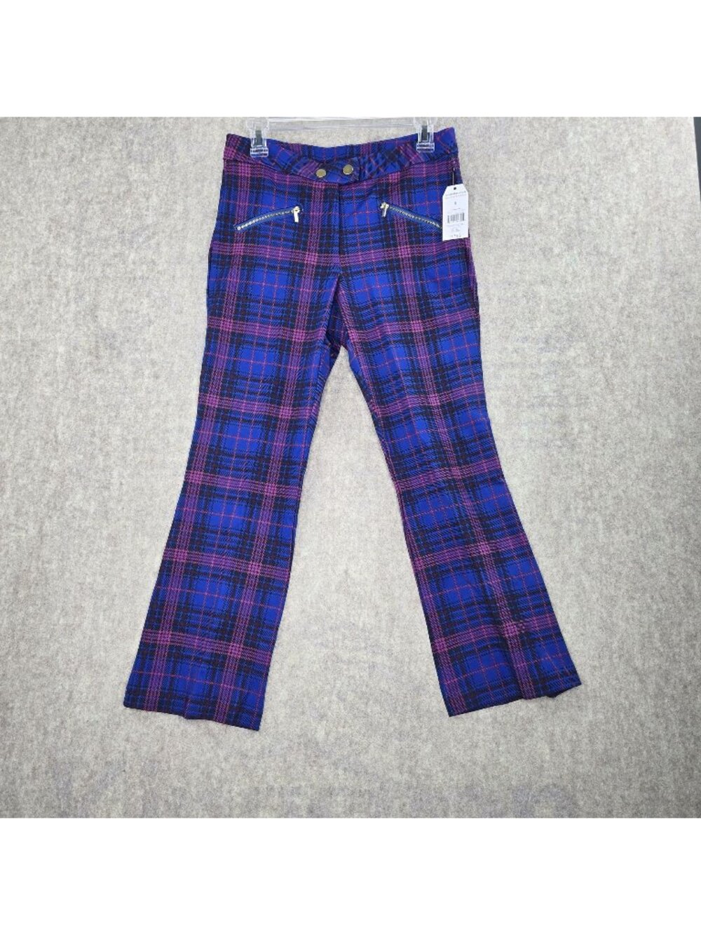 Women Time And Tru Plaid Flared Pants Blue & Pink Size 8 Zipper Pockets
